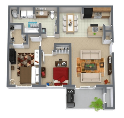 Floor plan for 2 beds, 1 bath, 889 sqft